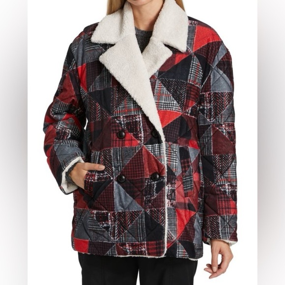 Derek Lam 10 Crosby Hayden Quilted Plaid Patchwork Faux Fur Collar Coat NWT XL - Picture 1 of 12